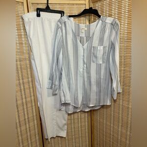 Striped White and Blue Blouse and Pants Set